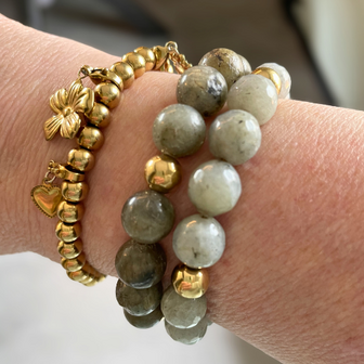 Kralenarmband Natuursteen - Labradoriet Grijs Facet - Zilver