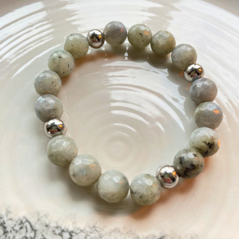 Kralenarmband Natuursteen - Labradoriet Grijs Facet - Zilver