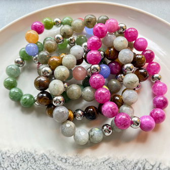 Kralenarmband Natuursteen - Toermalijn Multi - Zilver