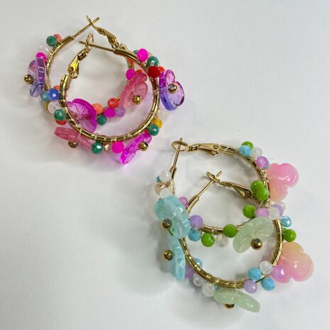 Hoops Flowers Blue - Goud Stainless Steel
