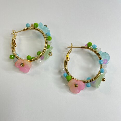 Hoops Flowers Blue - Goud Stainless Steel