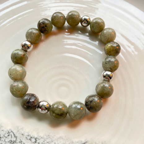 Kralenarmband Natuursteen - Labradoriet Grijs/Groen - Zilver