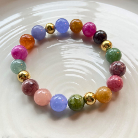 Kralenarmband Natuursteen - Toermalijn Multi - Goud