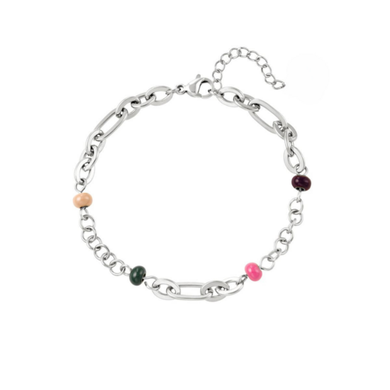 Schakelarmband met gekleurde kralen  - Zilver