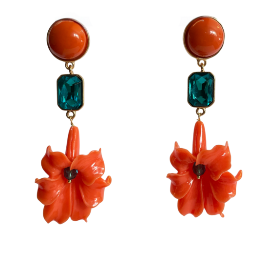 Rood/oranje/bruine oorsteker met lelie hanger