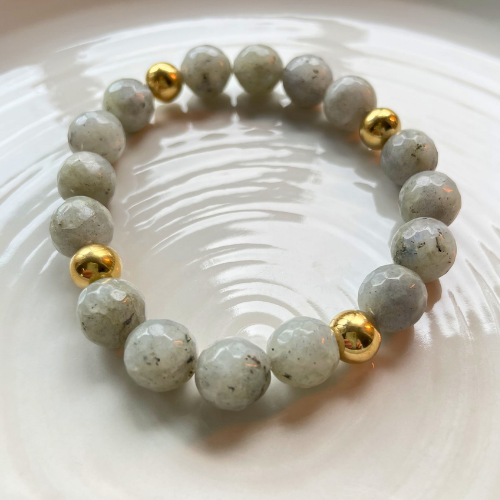 Kralenarmband Natuursteen - Labradoriet Grijs Facet - Goud