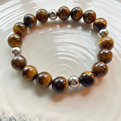 Kralenarmband Natuursteen - Tiger Eye - Zilver