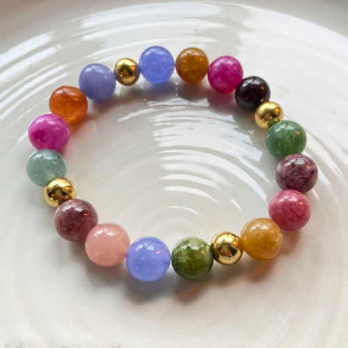 Kralenarmband Natuursteen - Toermalijn Multi - Goud