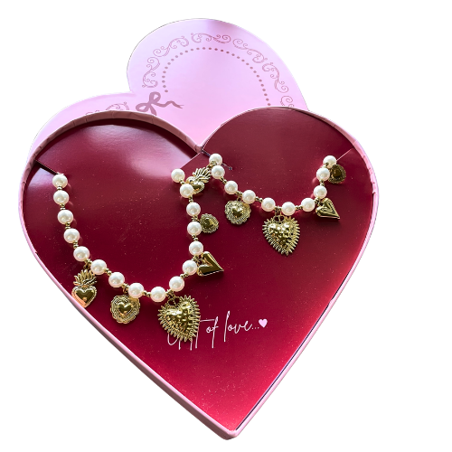 Gift of Love - Set van ketting en armband - Parel en hart bedels -Goud