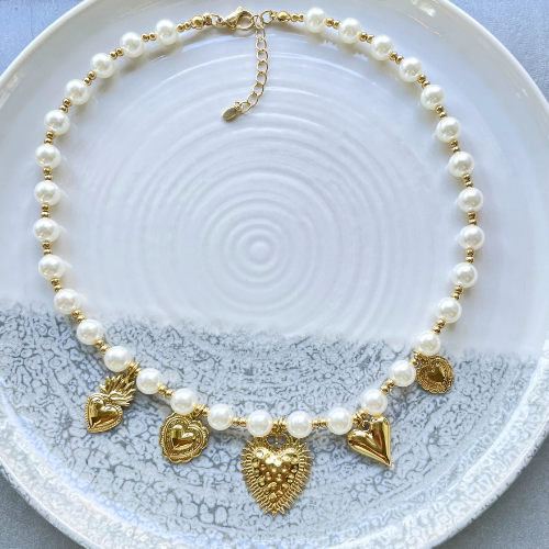 Gift of Love - Set van ketting en armband - Parel en hart bedels -Goud